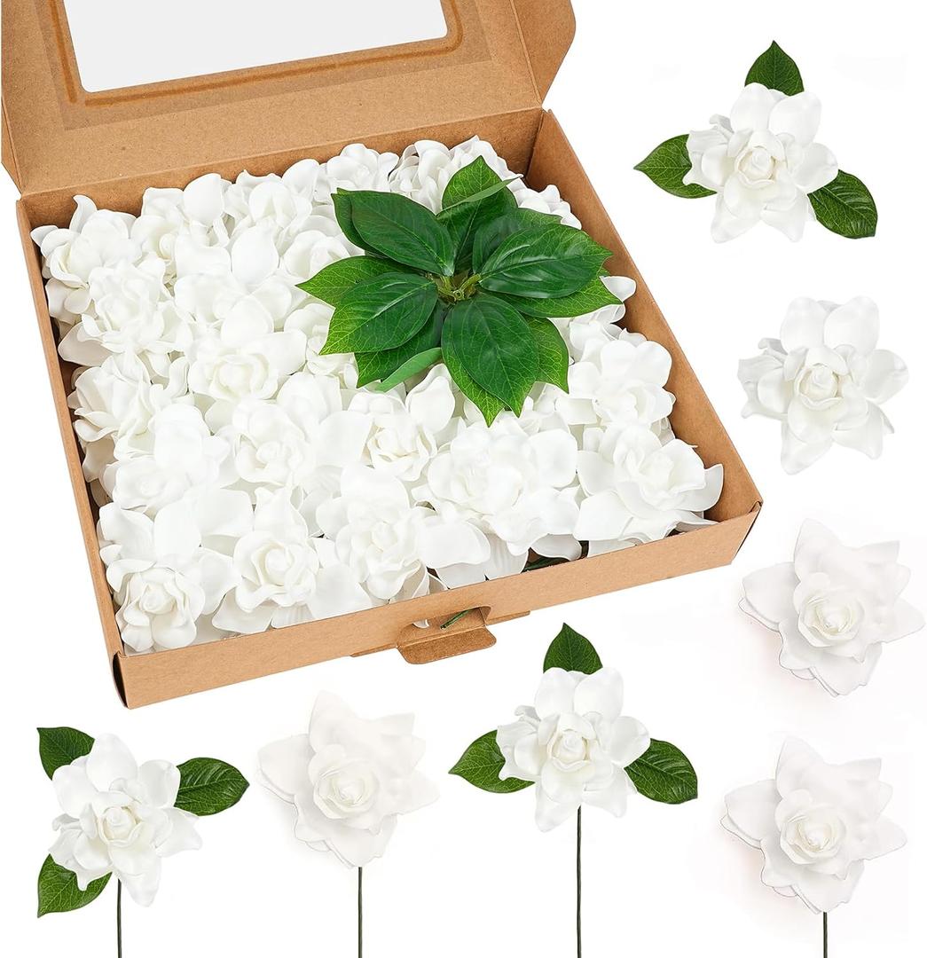 25pcs Fake Gardenia White Artificial Flowers, Real Looking Gardenia Flowers with Stems Wedding Flowers for DIY Wedding Bouquet Bridal Shower Party Home Centerpieces Floral Arrangements