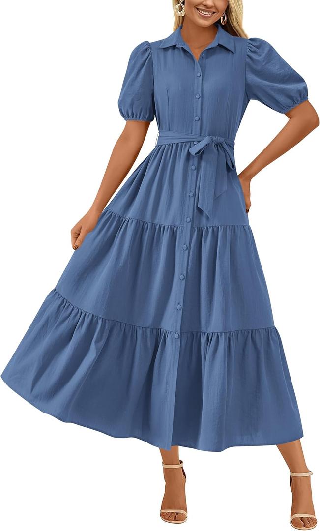 MASCOMODA Womens Summer Dresses 2025 Short Sleeve Maxi Dress Casual V Neck Button Down Tiered A Line Flowy Midi Shirt Dress(Blue, Small)