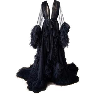 Tulle Robe Long Lingerie Bridal Dressing Gown Puffy Nightgown Photoshoot (X-Large, Black)