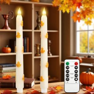 Silverstro Fall Decor LED Taper Candles with Remote Control & Timer Function, Embossed Autumn Maple Leaf Design Flameless Taper Candles for Home Party Autumn Decorations, Set of 2