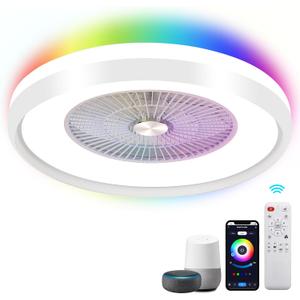 24" Low Profile Ceiling Fan with Light, Smart Bladeless Ceiling Fan with RGB Light, Smart Remote/APP/Voice Control, Enclosed Flush Mount Ceiling Fan for Bedroom (White & RGB)