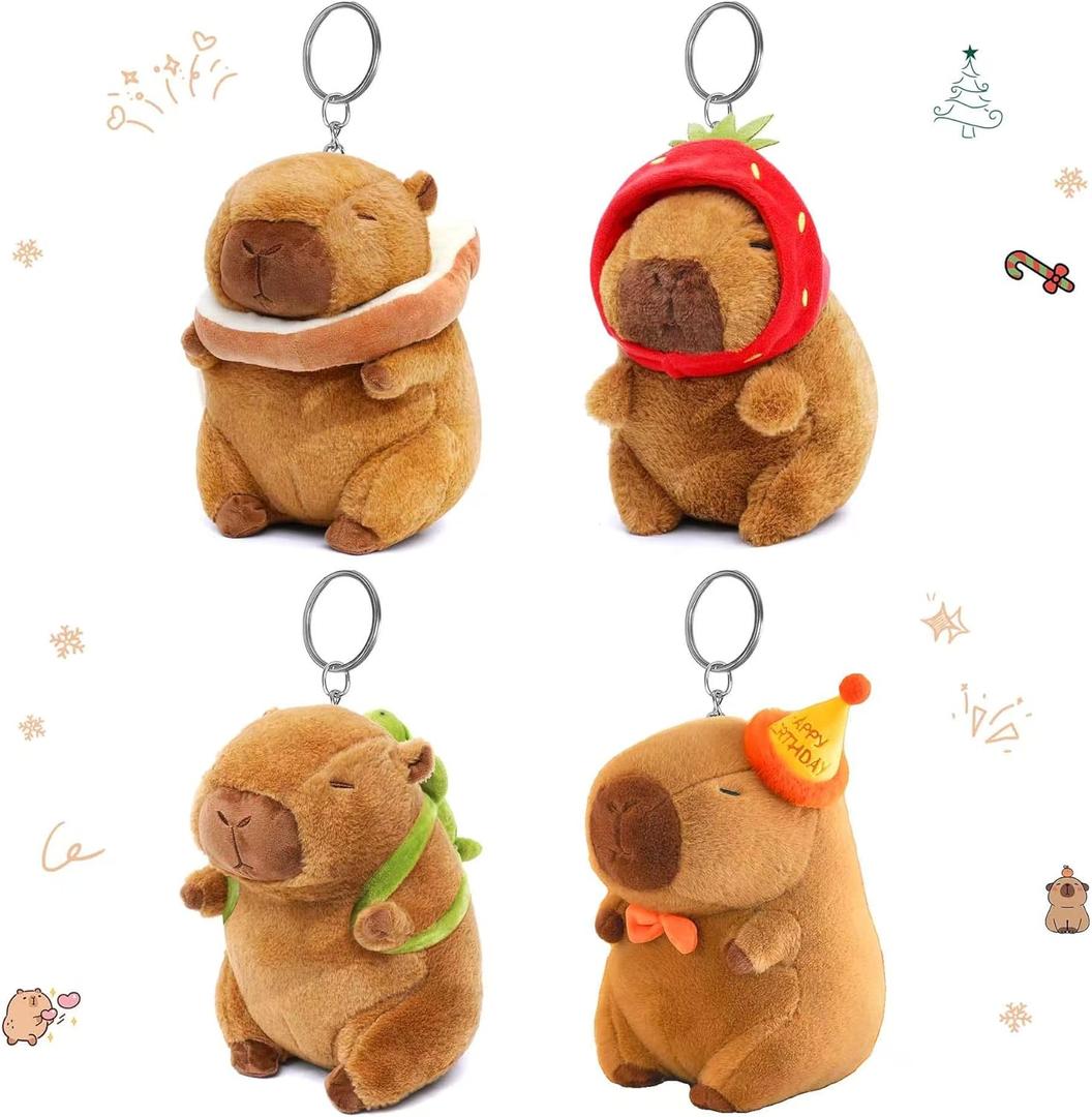 4PC Capybara Plush Keychain, Cute Small Capybara Mini Stuffed Animal. Valentines Day Gifts for Kids Birthday Party Favors Decorations.