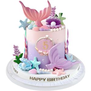 21pcs Mermaid Cake Topper - Mermaid Tail Cake Decorations with Seaweed Shells Starfish Coralal Under the Sea Cake Decorations for Birthday Party Decorations (Pink Purple)
