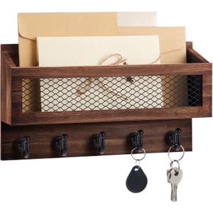 Magnetic Mail and Key Holder for Wall Fridge Wooden Mail Organizer with 5 Key Hooks for Home Bedroom Fridge Kitchen Decorative(Brown)