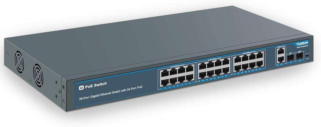 24 Port Gigabit Ethernet PoE Switch with 2 Uplink Gigabit Port & 2 SFP Port, YuanLey Unmanaged 24 Port PoE+ Network Switch, Rackmout, Build in 400W Power, Support 802.3af/at, Plug and Play 24 Port Gigabit Ethernet PoE Switch with 2 Uplink Gigabit Port & 2 SFP Port, YuanLey Unmanaged 24 Port PoE+ Network Switch, Rackmout, Build in 400W Power, Support 802.3af/at, Plug and Play