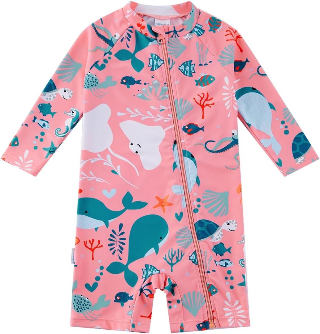 Baby Girl One Piece Swimsuit Sunsuit with Full-Length Zipper UPF 50+ Sun Protection Infant Swimwear, Size 6-9M