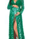 ZIUMUDY Maternity Deep V-Neck Split Front See-Through Maxi Lace Dress for Photography with Long Sleeve (Green)