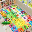 7x10 Playroom Rugs for Kids Washable, Educational and Fun Playmat with ABC Alphabet Animals Shapes Colors, Non-Slip Play Mat Learning Rugs for Baby Toddler Children Game Activity