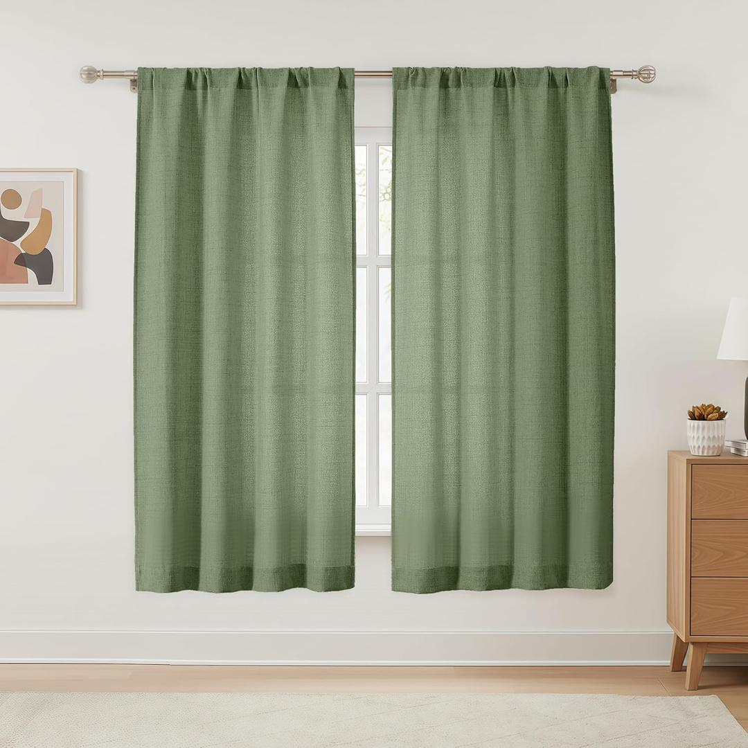 OVZME Green Curtains 63 Inch Length 2 Panels Set, Farmhouse Light Filtering Faux Linen Curtains for Living Room Bedroom, Rod Pocket Soft Thick Textured Window Drapes, 2x42Wx63L Inches