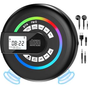 Portable CD Player with Speaker Bluetooth Discman for Car with FM Transmitter Rechargeable Lightweight Anti-Skip Protection Repeat Headphones AUX/USB LCD Display RGB Light Gifts Kids Student