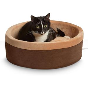 K&H Pet Products Thermo-Kitty Bed Heated Cat Beds for Large Indoor Cats & Dogs, Calming Warming Pillow Pet Bed, Machine Washable, Removable Heater, Safety Listed - Large 20" Round Mocha/Tan