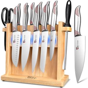 Japanese Knives Set for Kitchen, Magnetic Knife Set with Block and Sharpener, Stainless Steel Knife Set as Gift for Couple, Wedding, Women or Mom with Gift Box, 14 PCS Red Dot