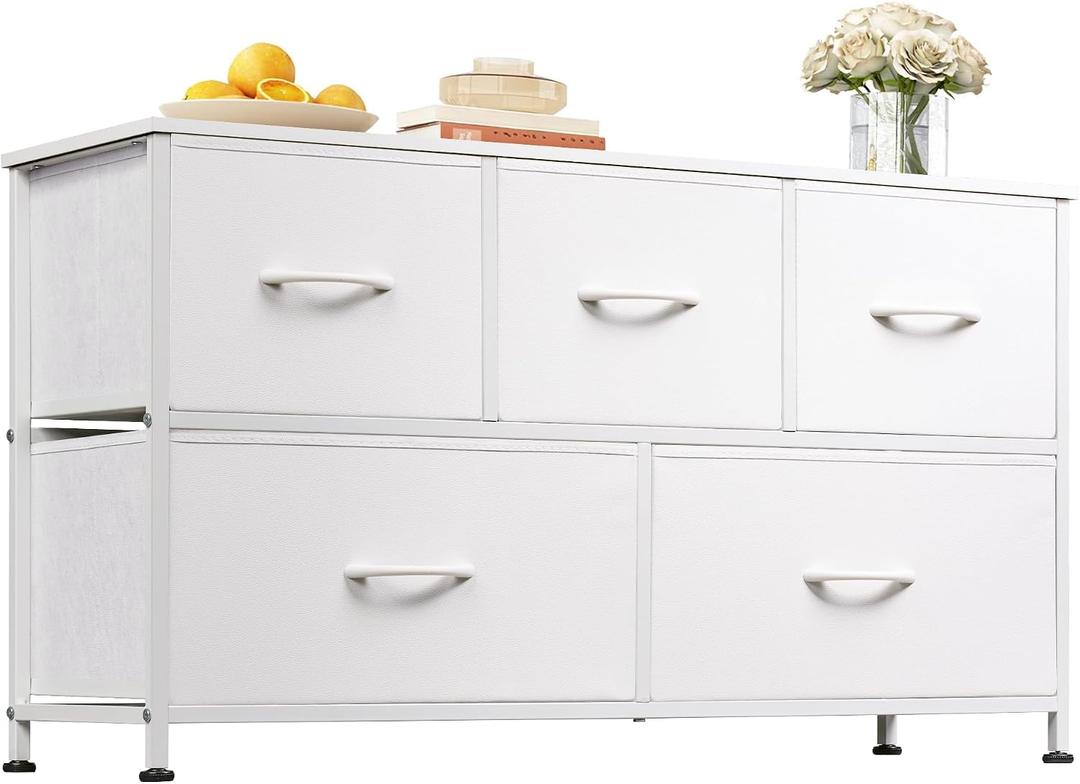 WLIVE Dresser for Bedroom with 5 Drawers, Wide Chest of Drawers, Fabric Dresser, Storage Organization Unit with Fabric Bins for Closet, Living Room, Hallway, White, 11.81"D x 39.37"W x 21.65"H