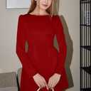 GOBLES Women's Elegant Fall Long Sleeve Boat Neck High Waist A-line Cocktail Dress (Red, M)