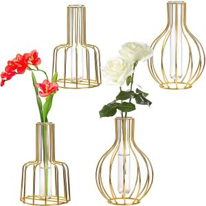 Dicunoy 4 Pack Gold Flower Vases, Small Plastic Test Tube Vase with Metal Frame Stand, Small Bud Vase for Pampas, Wedding, Table Centerpieces, Living Room, Plant Terrariums for Propagating Hydroponic