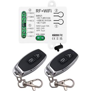 DieseRC Tuya 2 Channels WiFi Smart Switch, DC 5V 12V 24V 36V Passive Output Relay Module, with 2 pcs RF Remote Control, Compatible with Alexa/Google Home