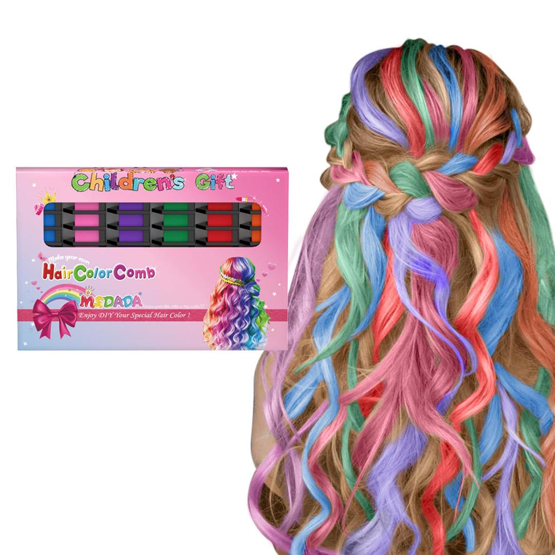 New Hair Chalk Comb Temporary Hair Color Dye for Girls Kids, Washable Hair Chalk for Girls Age 4 5 6 7 8 9 10-12 Birthday Christmas New Year Cosplay Hair DIY Party (Purple, Blue, Green, Orange, Pink, Red)