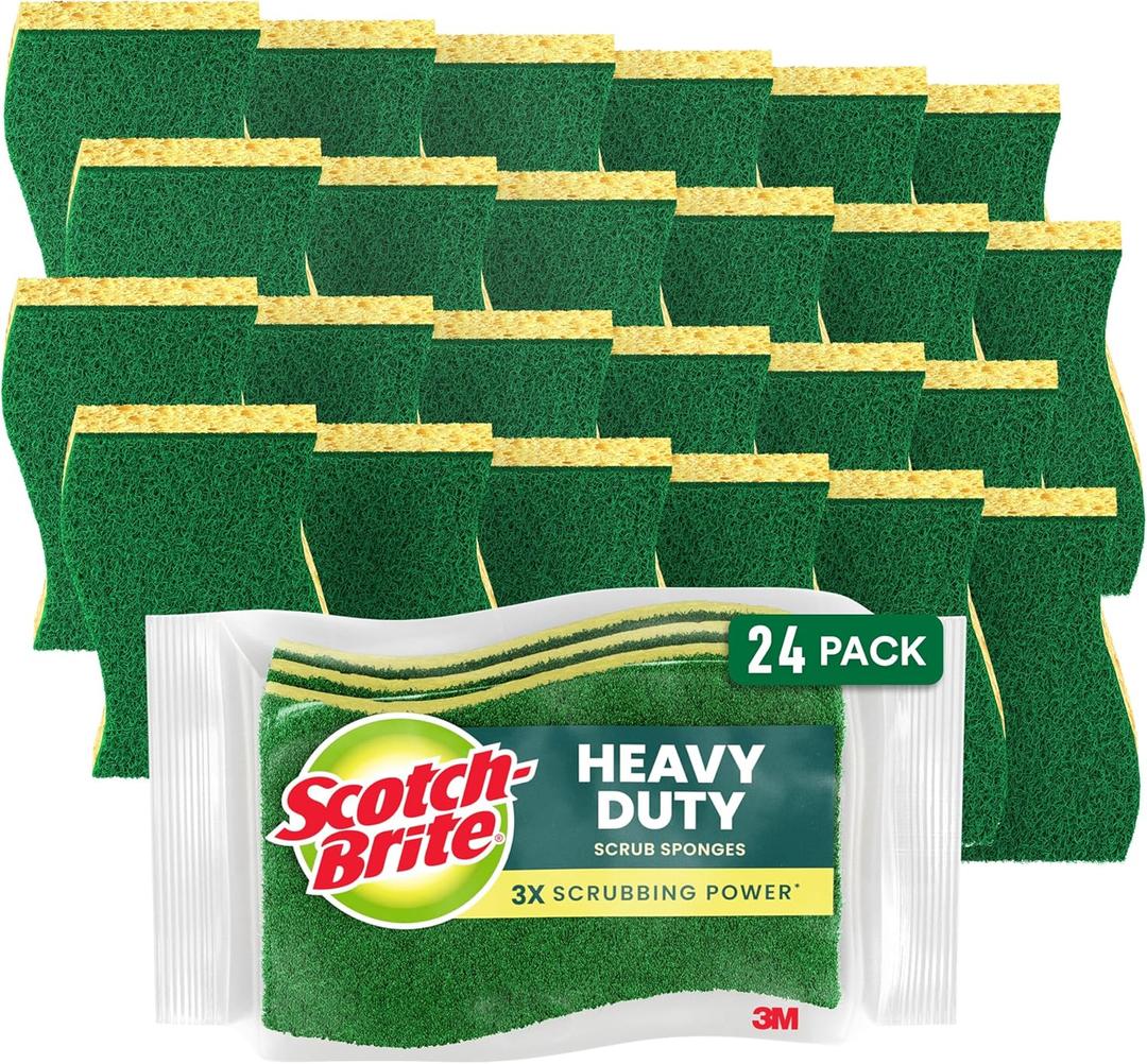 Scotch-Brite Heavy Duty Scrub Sponge, 24 Kitchen Sponges Designed for Tough Messes in the Kitchen that Last 3X Longer*, Best for Cast Iron Skillets and Outdoor Grills, Flexible, Durable, and Strong
