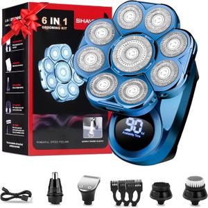 9D Head Shavers for Bald Men, Electric Shaver for Men,6 in 1 Mens Grooming Kit with Nose Hair Trimmer, Beard Trimmer,Waterproof Wet/Dry Rotary Shaver,Gift for Father, Husband, BoyfriendBlue