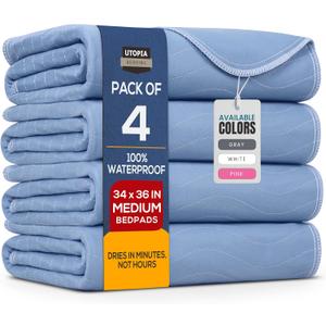 Utopia Bedding Washable Underpads 34" x 36" (Pack of 4), Waterproof Reusable Heavy Absorbency Incontinence Bed Pads for Adults, Kids, Elderly and Pets, Bedwetting Pads for Sofa and Couch (Blue)