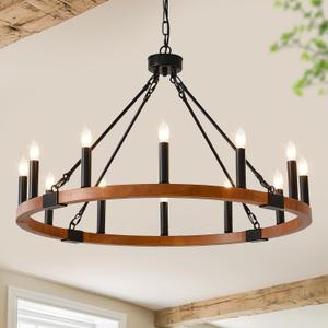 HHR 12-Light Wood Wagon Wheel Chandelier, 32-Inch Round Farmhouse Chandeliers for Living Room, Vintage Light Fixtures Rustic Chandelier for Dining Room Entryway Foyer Bedroom, E12
