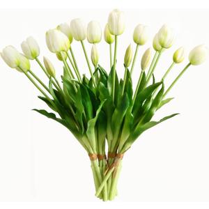 Artificial Flowers 20pcs Fake Tulips Real Touch, Faux Latex Tulips Flowers with Gift Box Soft Faux Tulips Bouquets Arrangements for Party Wedding Home Room Decoration(White)
