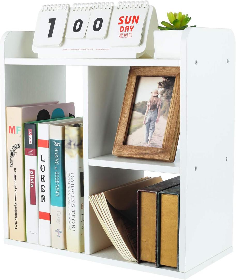 PAG Desktop Shelf Freestanding Wood Small Bookshelf Desk Supplies Organizers and Accessories Storage Display Rack Office Decor for Women, White, Style 2