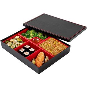 Restaurantware-12.2 x 9.8 x 2.4 Inch Compartment Lunch Container, 1 Japanese Style Adult Lunch Container - With 6 Compartments, Greaseproof, Black & Red Plastic Divided Lunch Box, Hot & Cold Food (Large)
