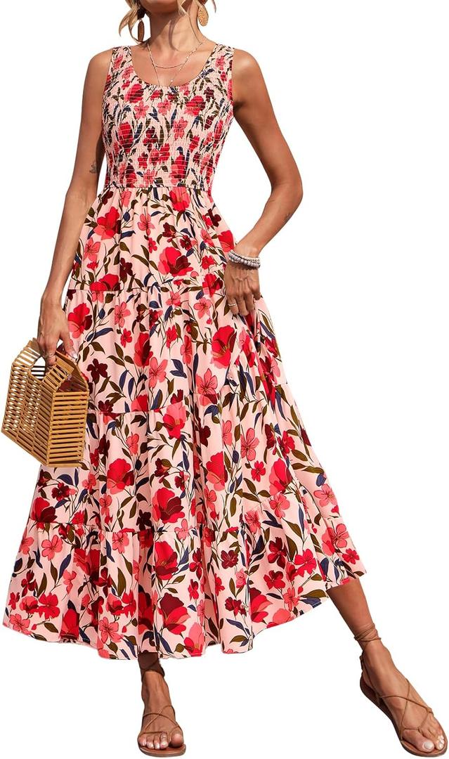 PRETTYGARDEN Smocked Tank Floral Maxi Dresses for Women 2025 Wedding Guest Dress Sleeveless Flowy Long Sundress with Pockets (Medium, Floral Orange Pink Red)