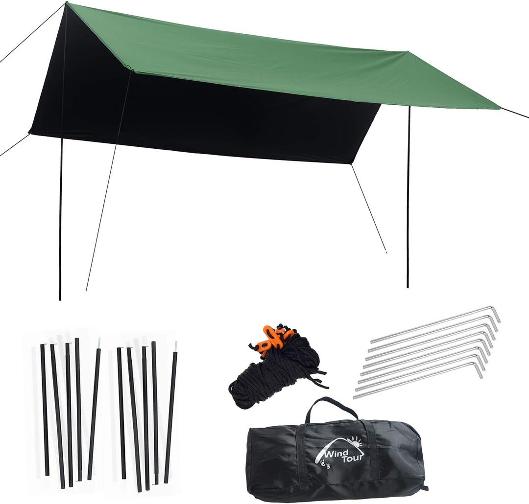 Wind Tour Portable Multifunctional Outdoor Camping Traveling Awning Backpacking Tarp Sunshade Lightweight UV Protection and PU 3000mm Waterproof Rain Fly Tarp Shelter (118 * 118 Inches)