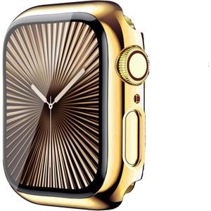 HANKN 1 Pack Hard PC Plated Case for Apple Watch Series 10 42mm With Tempered Glass Screen Protector - Shockproof Overall Protective Iwatch Bumper (Gold+Gold)