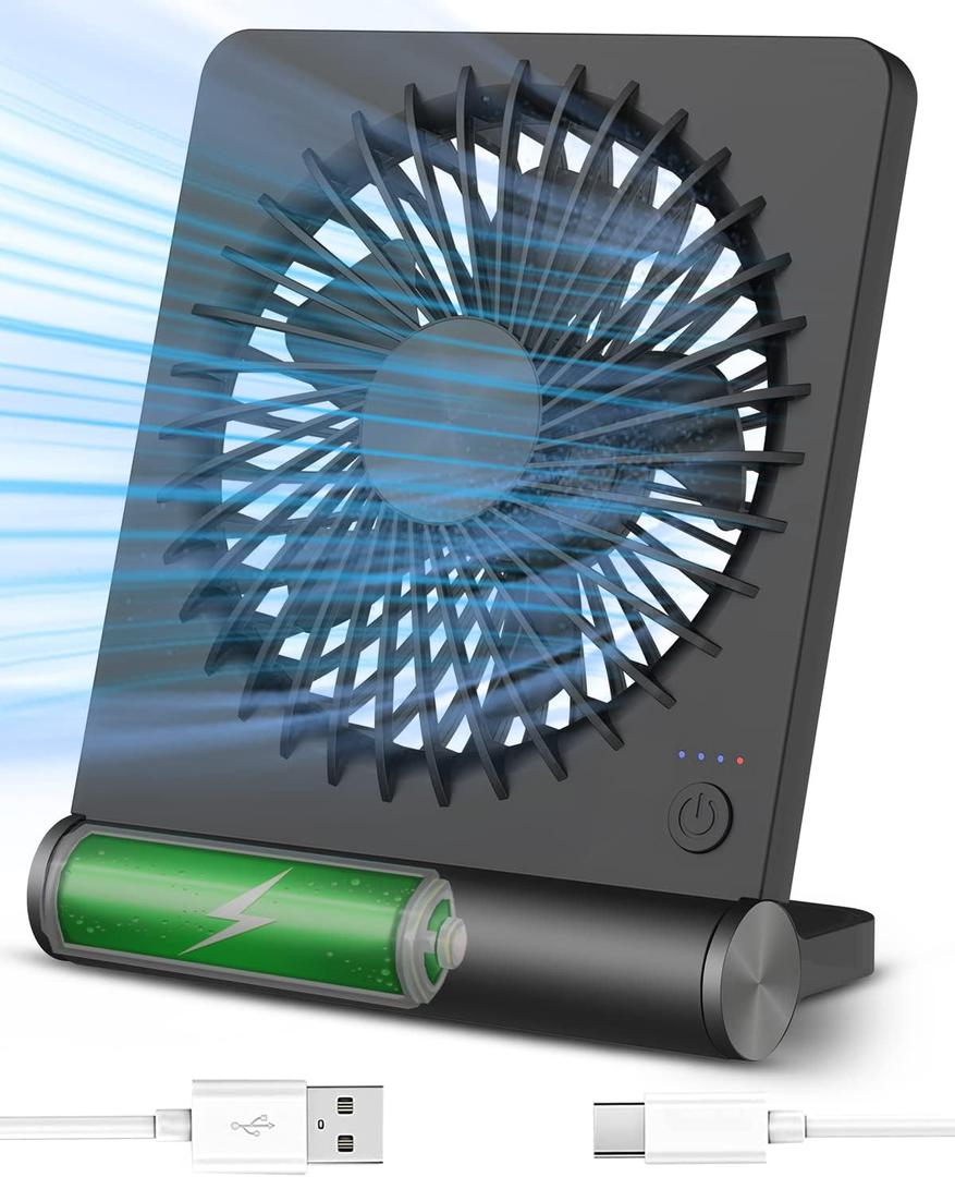 Small Desk Fan, Rechargeable USB Fan Battery Operated, Ultra Quiet, Strong Wind, 3 Speeds Travel Fans (Black)