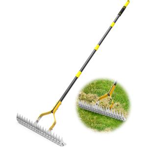 15-inch Thatch Rake & Dethatcher Rake - Heavy Duty Steel Head & Sponge Handle for Dead Grass Removal, Lawn Aeration, Soil Loosening Adjustable 5.84FT Durable Thatching Rakes for Lawns & Gardens