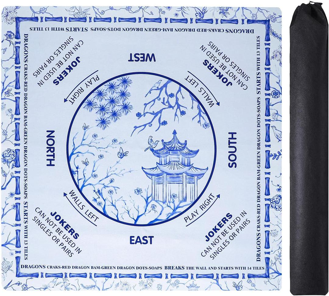 TIASUSAN Light Blue Mahjong Learning Mat (31.5 x 31.5) with Black Carrying Bag, Anti-Slip, Noise-Reducing Mahjong Mat for Table