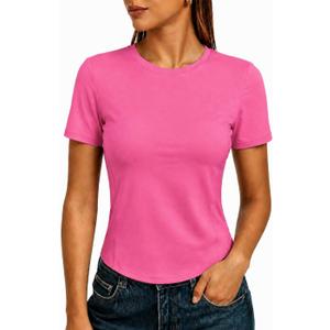 2 x Alaroo Womens Summer Tops Short Sleeve Shirts Crewneck Basic Tee (Pink, M)