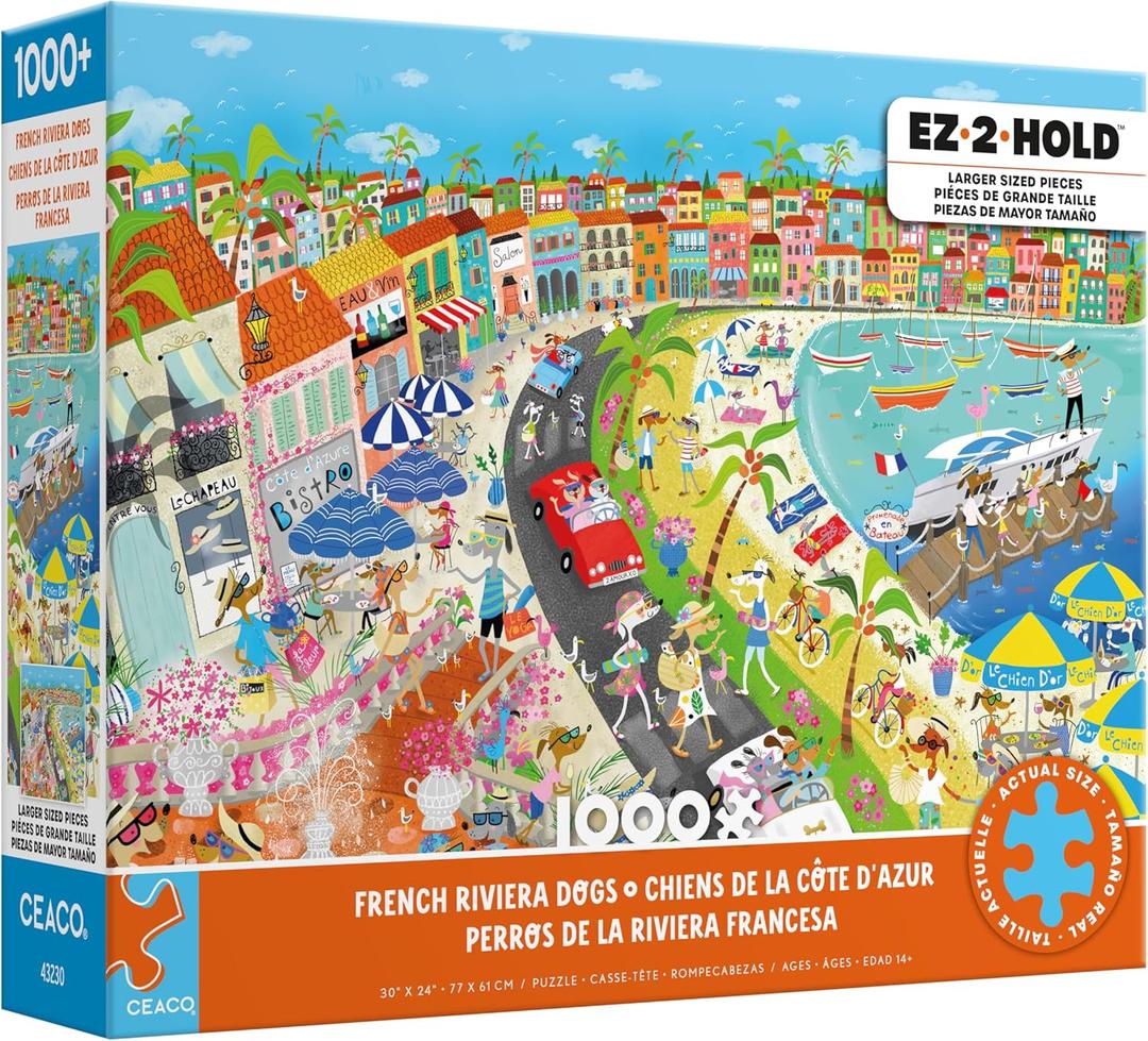 Ceaco - EZ 2 Hold - French Riviera Dogs - 1000 Piece Jigsaw Puzzle for Adults - Challenging Puzzle Perfect for Game Nights - Finished Size is 30 x 24