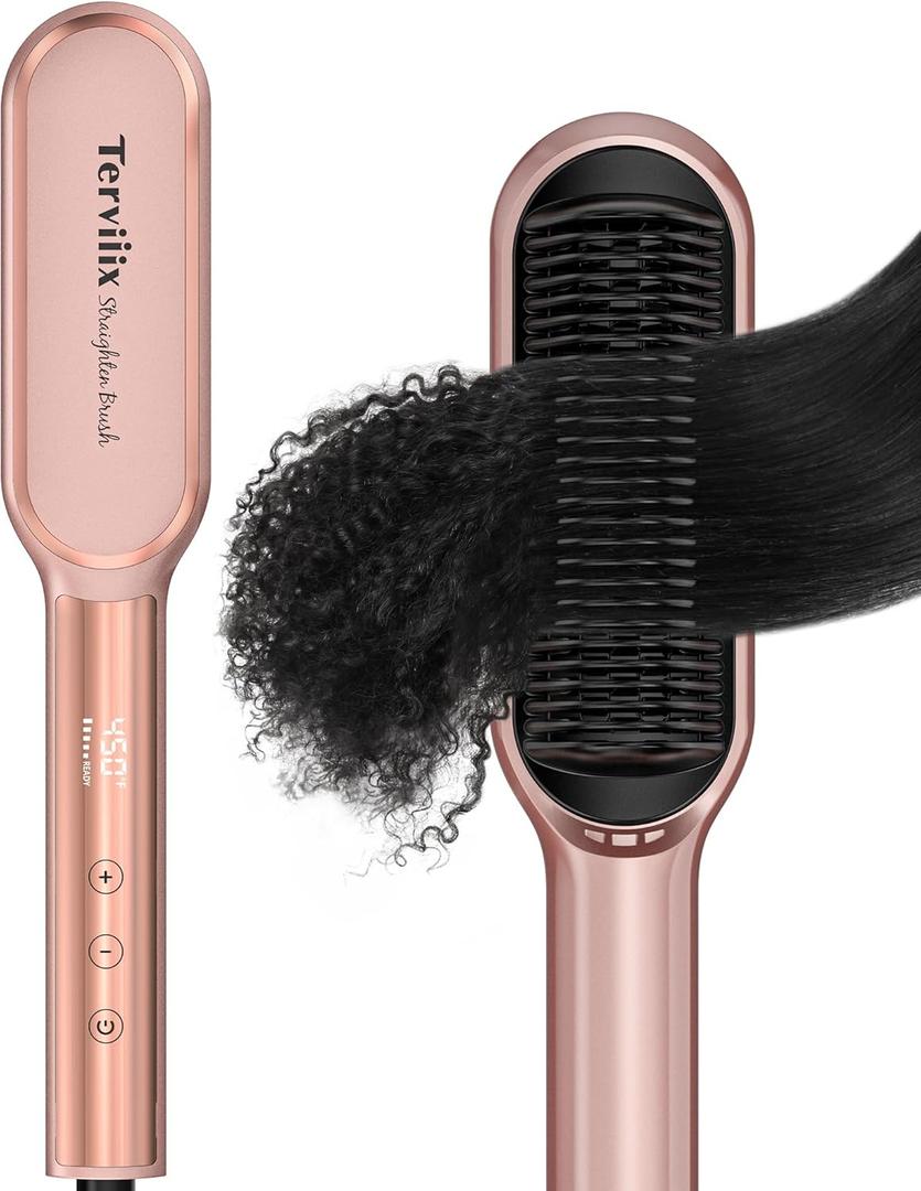 Terviiix Hair Straightener Brush Rose Gold - Ionic Anti-Frizz Hair Straightening Comb with MCH Heater, 13 Heat Settings, Fast Heating 20S, Dual Voltage, for Smooth & Shiny Hair