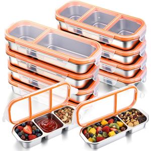 8 Pcs Stainless Steel Snack Containers with Leak Proof Lids, 2/3 Compartments Metal Bento Lunch Box, Reusable Divided Food Storage Container for Adults Home Travel Work(Orange)