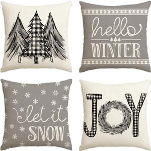 AVOIN colorlife Merry Christmas Trees Mottos Gray Throw Pillow Covers, 18 x 18 Inch Hello Winter Let it Snow Holiday Cushion Case Decoration for Sofa Couch Set of 4