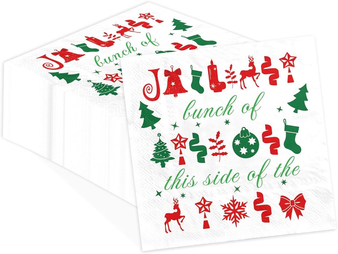 100Pcs Winter Paper Napkins 3 Ply 6.5'' x 6.5" Disposable Funny Christmas Dinner Size Napkins Red Green Holiday Square Beverage Napkins for Xmas Vacation Dinner Kitchen Friendsmas Party Decorations
