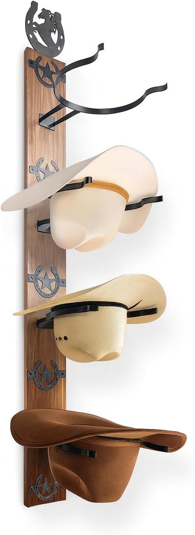 VOYX Cowboy Hat Rack Wall Mount  Rustic Wooden Board with 4 Heavy-Duty Western Hooks  Metal Horseshoe & Star Decor  Cowboy Hat Holder for Entryway, Bedroom, or Ranch  Includes Screws & Anchors