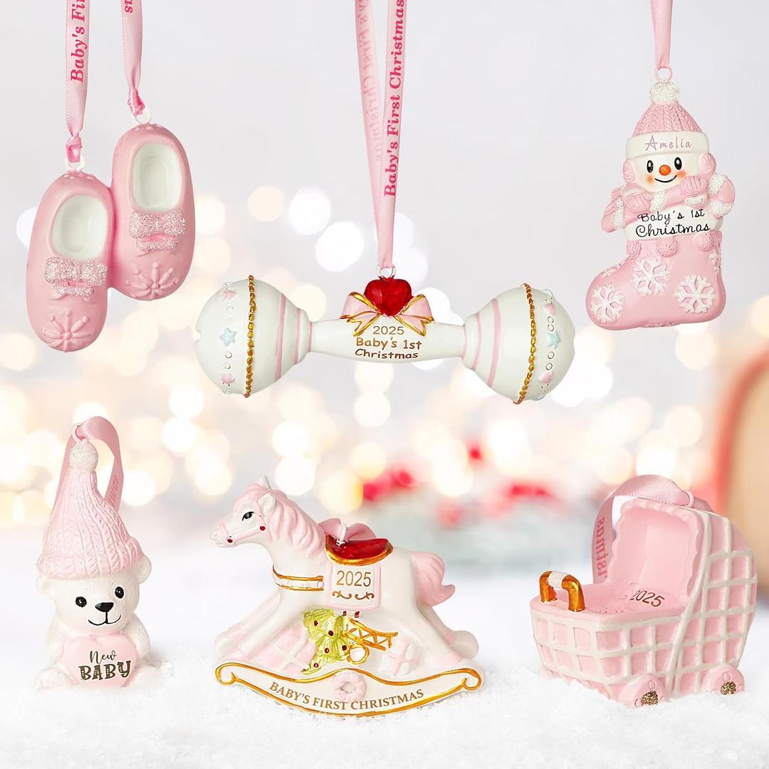Lanpn 6 Pcs 2025 Baby's First Christmas Ornament 4" 5.5", 1st Xmas Tree Ornaments Gift Set for Baby Girl, Adorable Christmas Newborn New Bebe Keepsake, Personalised Name Holiday Hanging Decor, Pink