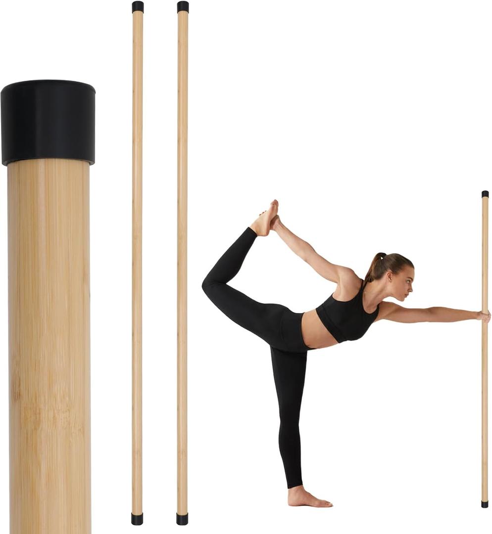 P Polerden Yoga Stick, 5ft Exercise Stick for Mobility, Stretching Stick with Non-Slip Ends, Exercise Dowel for Pilates, Balance Pole and Stretch Bar for Stretching Equipment (2 PCS (58 inches + 58 inches) Natural Bamboo)