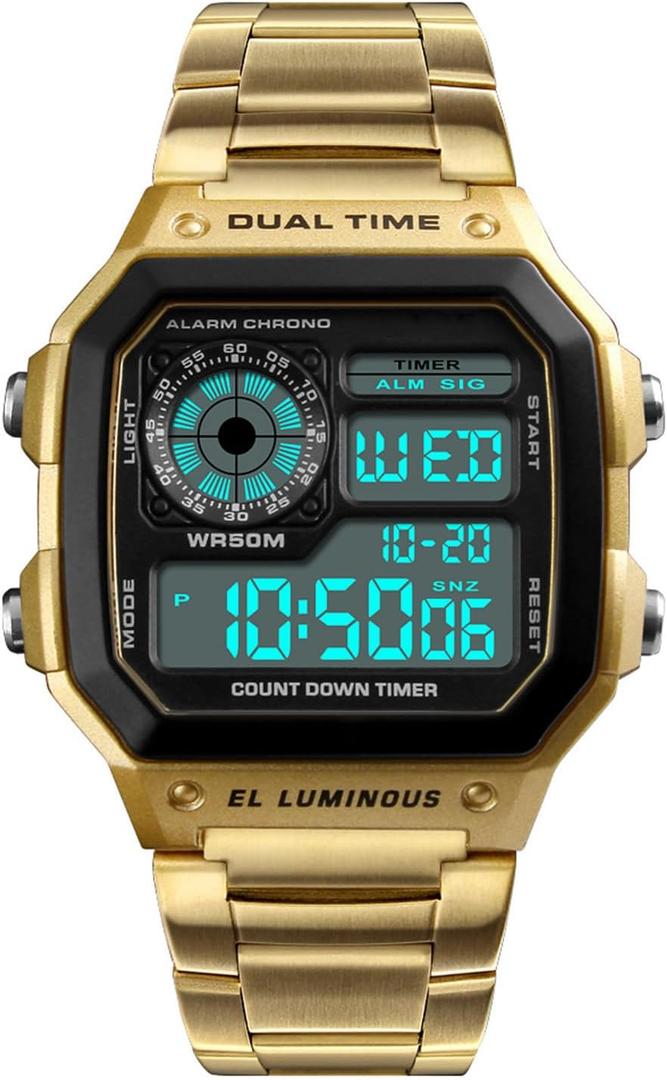 Watches for Men Fashion Trend Gold Multi-Function Waterproof Watch LED Digital Chronograph Stainless Steel Square Watches