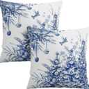 Wnoesat  Christmas Tree Pillow Covers 18x18 Set of 2 Winter Blue White Chinoiserie Christmas Decorative Outdoor Throw Pillow Cases Farmhouse Xmas Holiday Pillowcase for Sofa Couch Porch,  Blue Christmas Tree