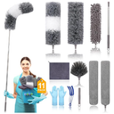 Microfiber Extendable Feather Duster (11pcs) with 100" Extension Pole, Washable Reusable Bendable Dusters for Cleaning Ceiling Fan, High Ceiling, TV, Blinds, Cars