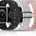 3 Packs Shiny Stretchy Bands Compatible with Apple Watch Band, Nylon Adjustable Sport Solo Loop Women Replacement Straps for iWatch, Size: 38mm/40mm/41mm/42mm(series 10)(Pink/Silver/Black)