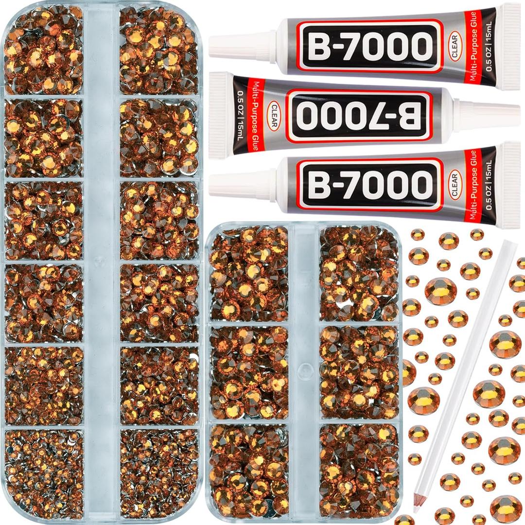 7500Pcs Burnt Orange Rhinestones Flatback with b7000 Glue for Crafts Clothing Clothes Crafting Shoes Fabric, Rinestones Bedazzle Gems Bulk, Flat Back Crystals Diamonds Kit 2-5mm Assorted Sizes (Small Pack + 3pcs Glue)