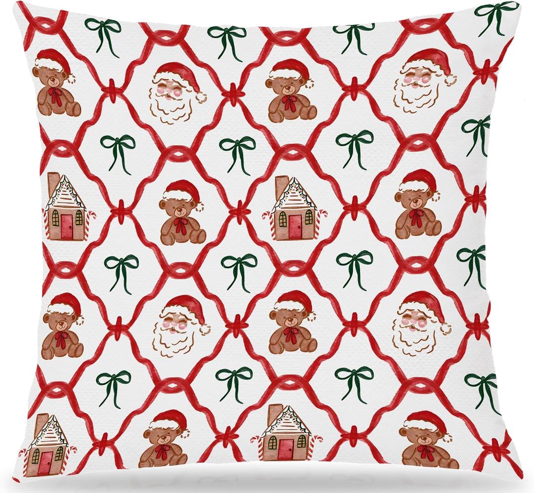 Coquette Red Bow Christmas Pillow Covers 18x18, Coquette Christmas Decor, Vintage Xmas Green Bow Santa Decorative Throw Pillow Covers for Home Living Room Bedroom