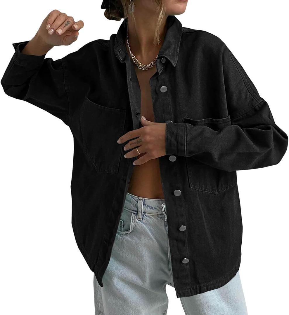 Tankaneo Womens Oversized Denim Shirt Jacket Button Down Long Sleeve Fall Casual Jean Shackets (Small, Black)